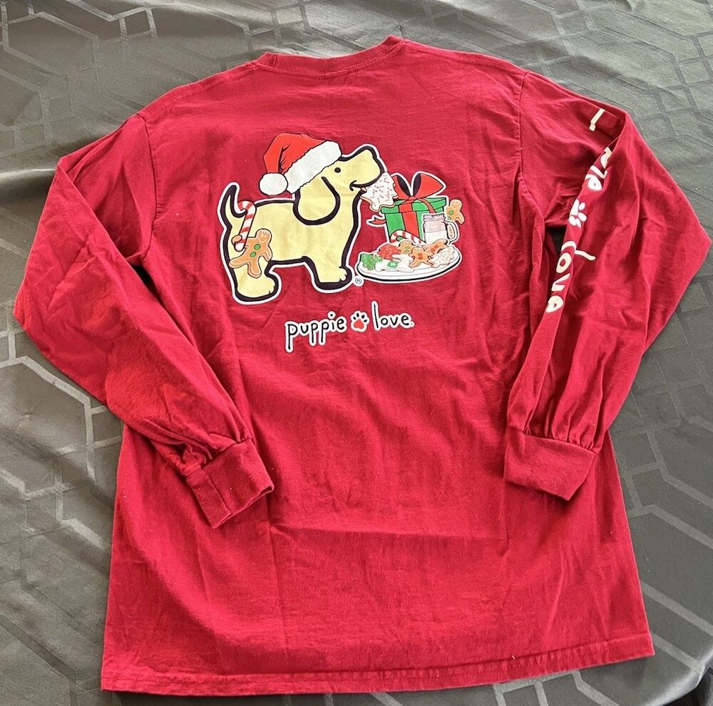 Puppie Love Christmas Cookie Pup Long Sleeve Cotton Red Tee Medium